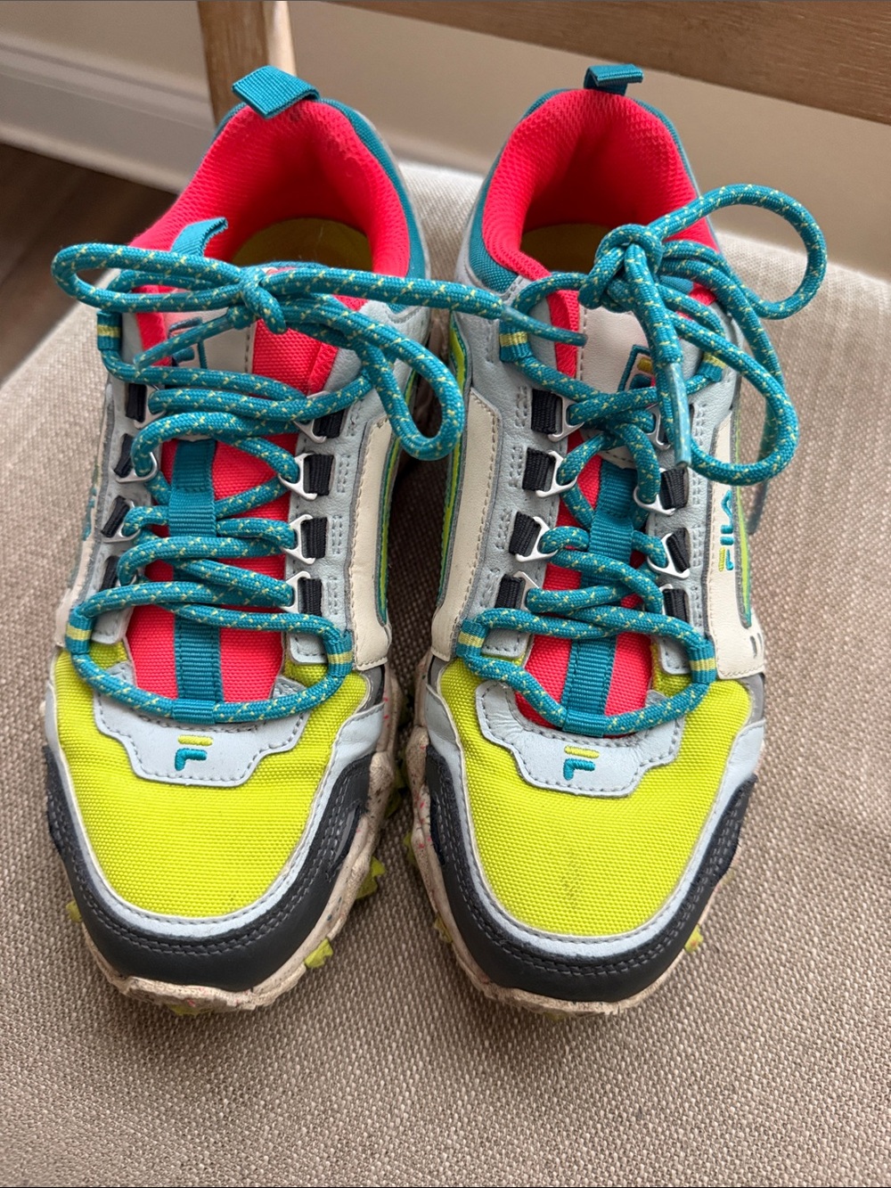 Fila Teal & Neon Yellow Trail Sneakers with Coral Accents